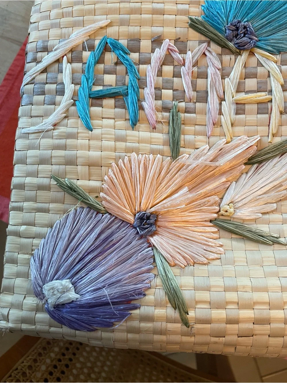 Vintage Raffia Satchel with Multicolor Floral “Jamaica” Straw Embroidery